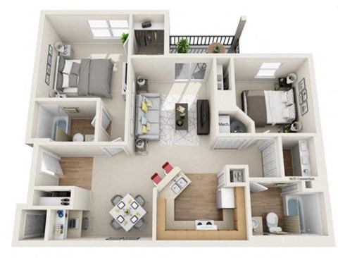 Floor plan for 2 beds, 2 baths, 954 sqft